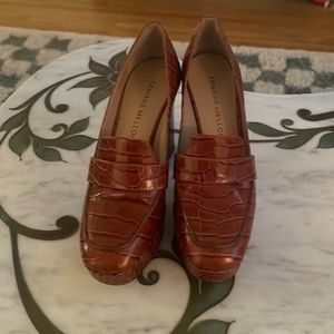 NEW Tamara Mellon brown croc-detail heeled platform loafer size 5
